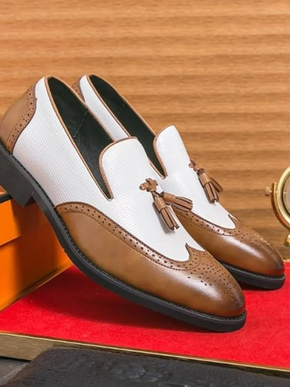 Men's Brown White Penny Loafers With Tassels Casual Dress Shoes Loafers Slip On